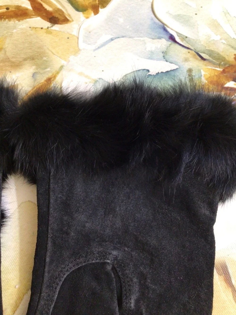 Genuine Suede Leather Black Women’s Gloves with Rabbit Fur Cuffs Size M